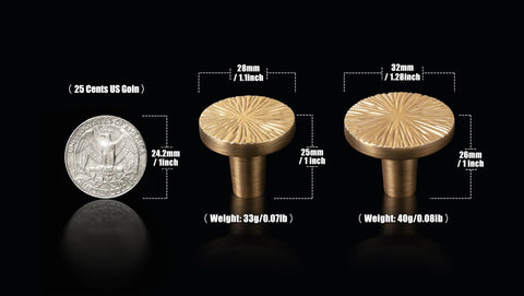 Champagne Bronze Cabinet Knobs Set 1.1 Inch Diameter Zinc Alloy Drawer Pulls alongside US quarter coin