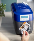 Hella Fast Dual Side ID Card Printer For Tough PVC Badges Staff IDs Class Passes And Membership Tags delivering crisp 300 DPI prints with printed ID in hand.