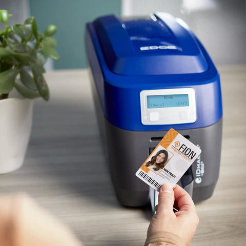 Hella Fast Dual Side ID Card Printer For Tough PVC Badges Staff IDs Class Passes And Membership Tags delivering crisp 300 DPI prints with printed ID in hand.