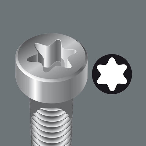 Close-up view of a recessed Torx screw head matching Torx HF Screwdriver With Holding Function For Torx Screws TX 8 x 60 mm.