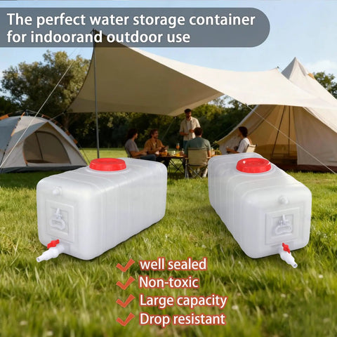 Camping scene with Large 29 Gallon Water Storage Tank With Spigot and 3m Hose Control Valve, durable plastic container.