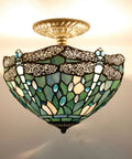Sea Blue Tiffany Style Dragonfly Ceiling Light Fixture, Stained Glass Semi Flush Mount Lamp, antique green bronze base