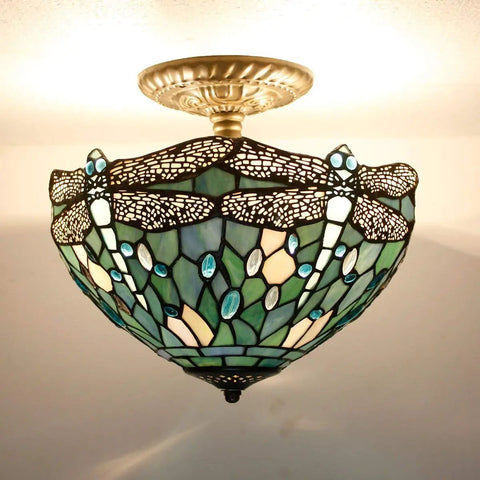 Sea Blue Tiffany Style Dragonfly Ceiling Light Fixture, Stained Glass Semi Flush Mount Lamp, antique green bronze base