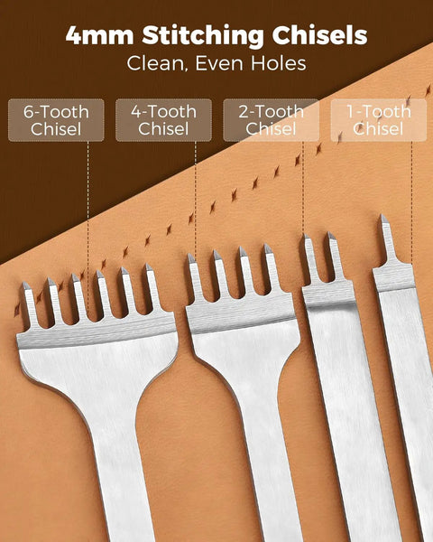 Your Go To Leather Working Starter Kit With 101 Pieces Stainless Steel And Wood Handle Tools 4mm stitching chisels detail