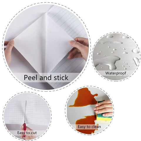 Metallic Silver Peel And Stick Contact Paper For Appliances showcasing peel, waterproof, cutting, and cleaning features in separate images.