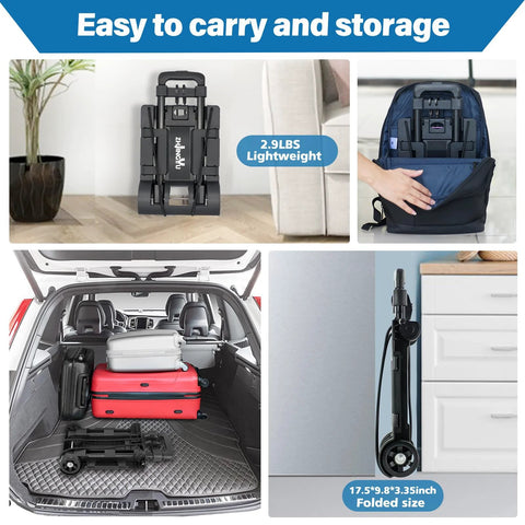 Collapsible hand truck dolly shown folded in a backpack, car trunk, and standing against a wall, highlighting lightweight portability.