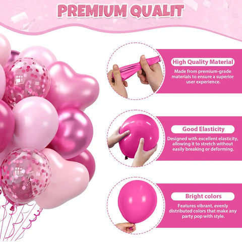 60 Piece Hot Pink Balloon Set With Heart Latex Balloons Confetti Balloons And Ribbon Party Ready Decor for various events