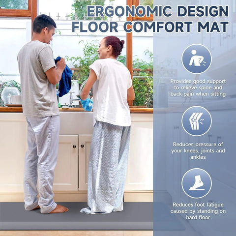 Two people standing on Four Fifths Inch Thick Memory Foam Kitchen Mat Anti Fatigue Comfy Non Slip Stain And Water Resistant Floor Rug For Kitchen Office Or Workshop 17 By 28 Inches Gray