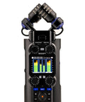 Handheld Studio Recorder For Musicians Podcasters And Filmmakers With Large Stereo Microphones Pro Quality Preamps Six Track Recording 32 Bit Float USB Audio Interface On The Go, front view with display and controls visible.
