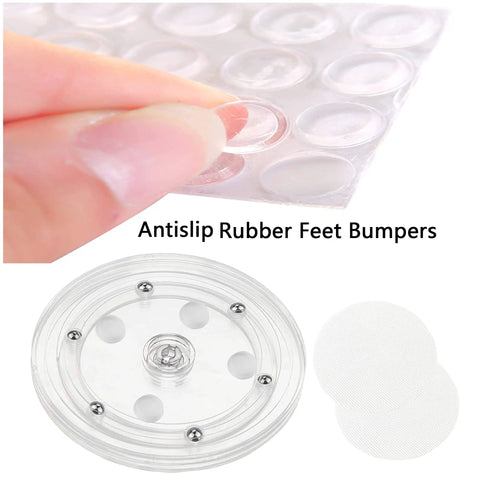 Antislip rubber feet bumpers and clear acrylic turntable for cookie decorating from Level Up Your Baking Game With This Complete Cookie Decorating Kit Featuring Two Smooth Acrylic Turntables Six Precision Scribe Needles Four Non Slip Silicone Mats Six Flexible Detail Brushes And Eight Secure Rubber Feet For Flawless Icing Results.