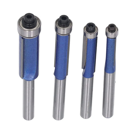 Get Your Hands On These Ycauty Tungsten Steel Flush Trim Router Bits, 4 piece set with blue coated tungsten steel and 1/4 inch shanks.