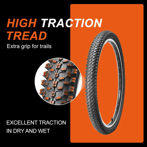 High traction tread on 2-Pack 26 Inch Mountain Bike Tires And Tubes Set, 26x1.95 folding replacement tires for mountain bikes.