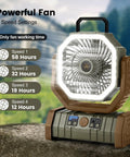 30000mAh Camping Fan With LED Lantern, Rechargeable Oscillating Tent Fan With Remote, Portable 4 Speed Outdoor Fan With Timer, Great For RV Trips, Jobsite Power Outages, Brown, showing 4 speeds and working time on stone surface.