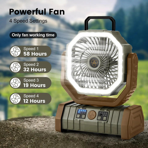 30000mAh Camping Fan With LED Lantern, Rechargeable Oscillating Tent Fan With Remote, Portable 4 Speed Outdoor Fan With Timer, Great For RV Trips, Jobsite Power Outages, Brown, showing 4 speeds and working time on stone surface.