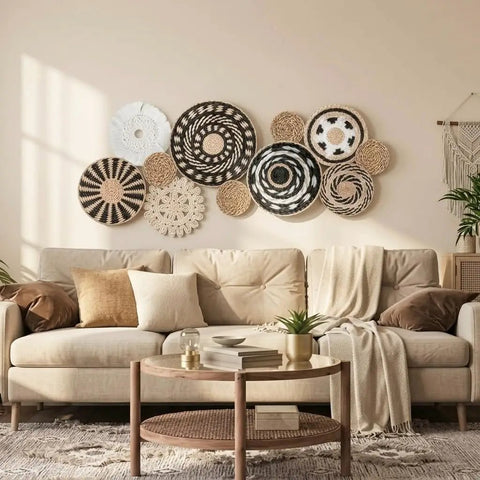 11 Piece Retro Boho Wall Basket Decor Set With Black And Natural Woven Baskets for Living Room Bedroom and Kitchen Rustic Farmhouse Wall Art Handmade Hanging Basket Display
