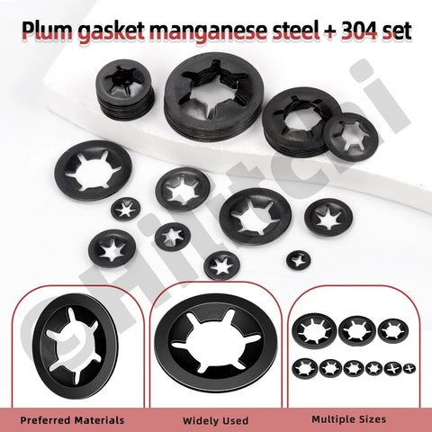 Front view of Hilitchi 351Pcs nine-size internal-tooth star lock washers set, black oxide steel, M2–M12, with tweezers
