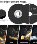Two Inch Cut Off Wheel Kit With One Quarter Inch Stem Mandrel For Die Grinder And Rotary Tool Three Eighth Inch Arbor Hole Pro Grade Metal And Stainless Steel Cutting Includes Five Discs And A Handy Mini Mount Mandrel, showing discs and usage