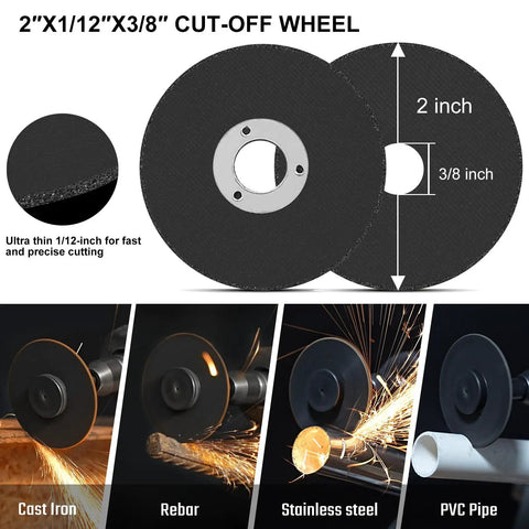 Two Inch Cut Off Wheel Kit With One Quarter Inch Stem Mandrel For Die Grinder And Rotary Tool Three Eighth Inch Arbor Hole Pro Grade Metal And Stainless Steel Cutting Includes Five Discs And A Handy Mini Mount Mandrel, showing discs and usage