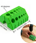 Premium Drill Guide Block For Dead On Straight Holes And Hella Accurate 45 And 90 Degree Angles, green plastic, 5cm high, adjustable, compact tool
