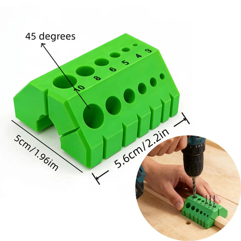 Premium Drill Guide Block For Dead On Straight Holes And Hella Accurate 45 And 90 Degree Angles, green plastic, 5cm high, adjustable, compact tool