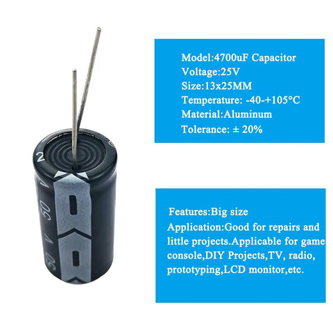 Image of 12 Pack 4700uF 25V Aluminum Electrolytic Capacitors 16x25mm For DIY Soldering, Arduino Projects, And Electronics Repair