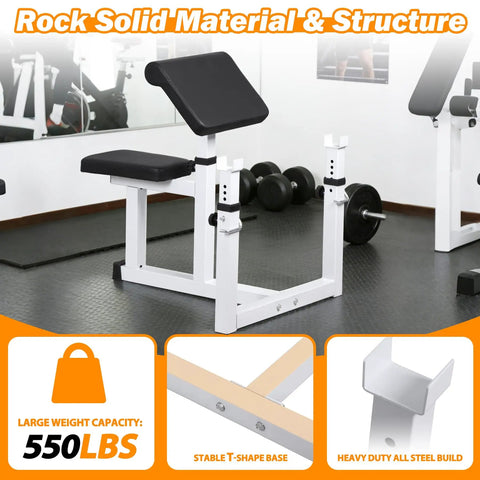 Adjustable Preacher Curl Bench With Barbell Rack For Home Gym in black and white steel, 550 lbs capacity shown in gym