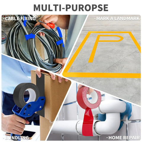 Image showing multi-purpose uses of duct tape: cable fixing, marking a landmark, bundling cardboard, and home pipe repair.