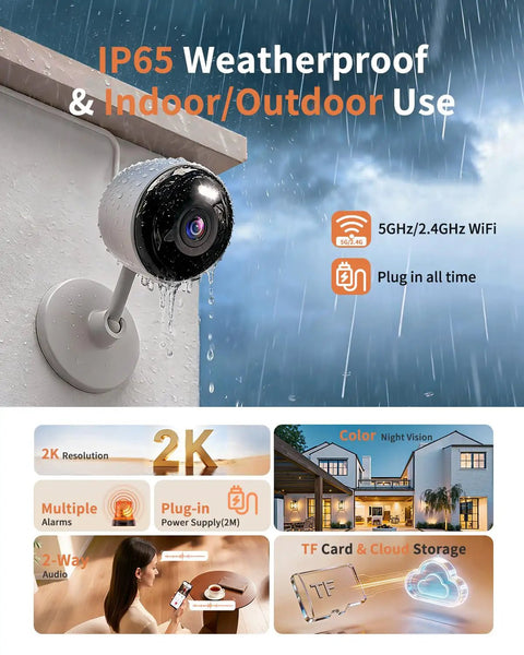 Mounted Indoor Outdoor 2K Security Camera With 5G And 2.4G WiFi, Two Way Audio, Color Night Vision, Built In Siren, IP65 Weatherproof