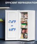 No Fuss Compact Upright Freezer With Six Cubic Feet Capacity, Seven Level Temperature Control, Removable Glass Shelves, Adjustable Legs, Reversible Door, White Stand Up Appliance For Dorms Or Homes with open door showing food.