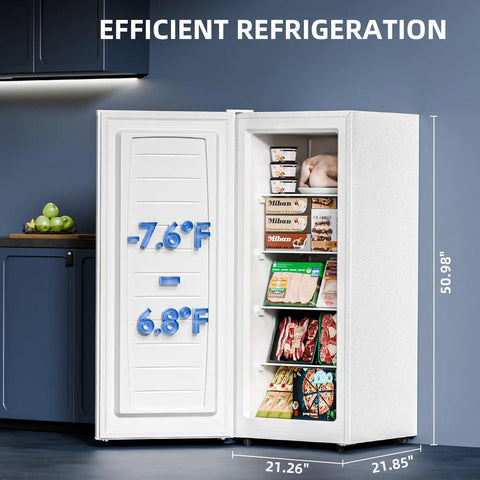 No Fuss Compact Upright Freezer With Six Cubic Feet Capacity, Seven Level Temperature Control, Removable Glass Shelves, Adjustable Legs, Reversible Door, White Stand Up Appliance For Dorms Or Homes with open door showing food.