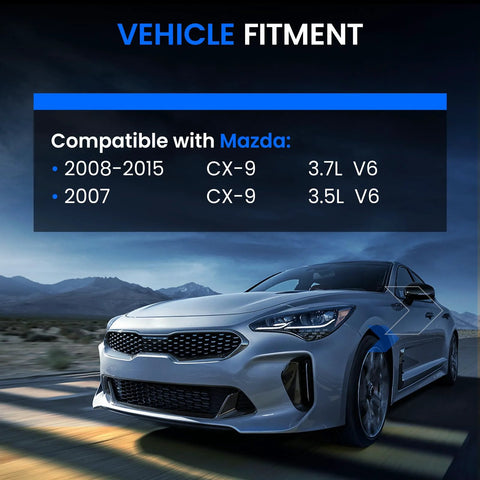 Image showing vehicle fitment information for Mazda CX-9 models with 3.7L and 3.5L V6 engines from 2007 to 2015.