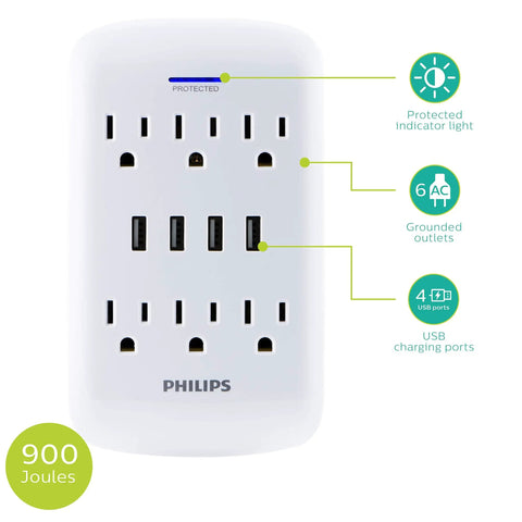 Six Outlet Surge Protector Power Strip With Four USB Ports Dual Pack Charging Station 900 Joules Of Surge Protection 3 Prong Grounded Design Wall Mount Friendly ETL Listed White, front view showing indicator light and ports.