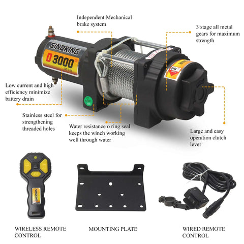 Beefy 12V 3000lb Winch For UTV ATV With Three Sixteenth Inch Steel Cable 39 Foot Wireless Remote 1.5HP Permanent Magnet Motor