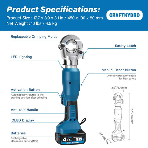 Tough As Nails Electric Battery Hydraulic Cable Lug Crimping Pliers With 17 Interchangeable Dies detailed product specifications image.