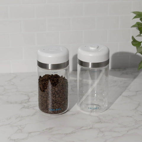 Keep Your Beans Fresh As A Daisy With This Smart Electric Vacuum Seal Coffee Canister And Airtight Storage Jar For Whole Ground Roasts Real Deal Smooth Push Button Operation Durable Borosilicate Glass, two canisters with coffee beans