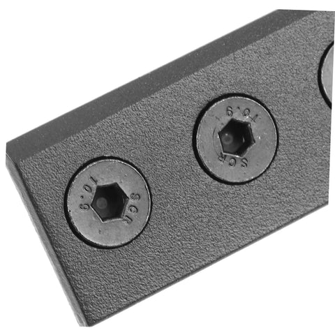 Close-up of Heavy Duty Sliding Barn Door Track Connector Kit for Replacement and Repair showing beefy metal track bracket with hex screws.