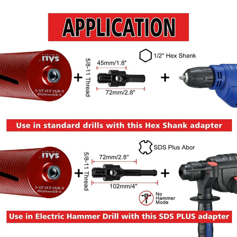SALI diamond core drill kit: red 2.5-inch core bit, 10-inch depth, 5/8-11 thread, turbo laser-welded segments; includes adapters and drill.