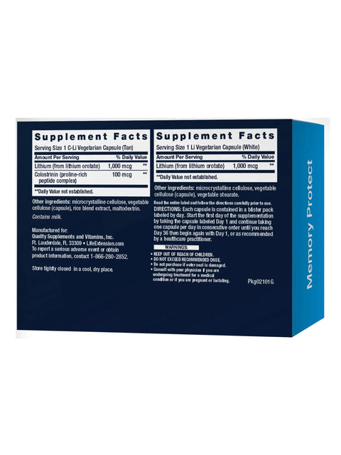 Back of Memory Protect With Lithium And Colostrinin Milk Peptides For Brain Health And Sharp Focus Cognitive Support box, showing supplement facts.
