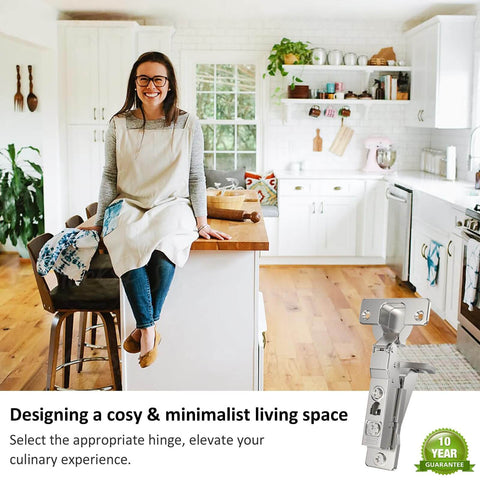 Woman sitting in a minimalist kitchen with a Face Frame Inset Cabinet Hinge Set 2 Pack Soft Close Silent 6 Way Adjustable 105 Degree displayed.