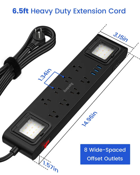 Heavy Duty 11 In 1 Power Strip With 8 Outlets And 3 USB Ports, 2 Worklights, Six And A Half Foot Flat Plug Extension Cord, 1875W 15A, Wall Mount Surge Protector For Workshop Garage Home Office Black.