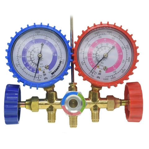 Three Way AC Diagnostic Manifold Gauge Set For Freon Charging Fits R410A R22 R404A Refrigerants With 60 Inch Hoses And Quarter Inch Thread Two Quick Couplers For HVAC And Auto AC Maintenance DIY Friendly, front view