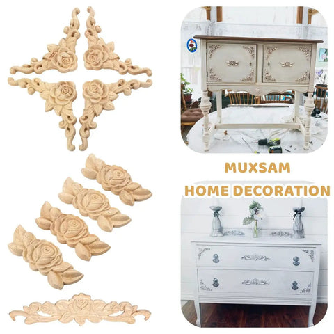 Premium Wood Carved Appliques And Onlays Four Piece Set Of Unpainted Rose Corner Decals on furniture with floral design.