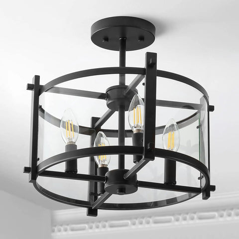 Oil Rubbed Bronze 15 Inch 3 Light Iron And Glass Modern Drum LED Flush Mount Ceiling Light for Hallway Entryway and Kitchen