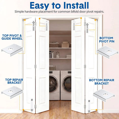 8 Pack Bifold Closet Door Repair Kit DIY Friendly with metal pivot brackets shown on white folding doors, labeled parts included.