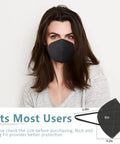 Woman wearing KN95 Face Mask 60 Pack Five Layer Cup Style Dust Protection Masks For PM25 Breathing Comfort For Men And Women Black