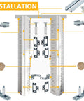 Complete Bifold Door Hardware Kit with steel track, brackets, pivots, guide wheels, and wooden handles installation diagram