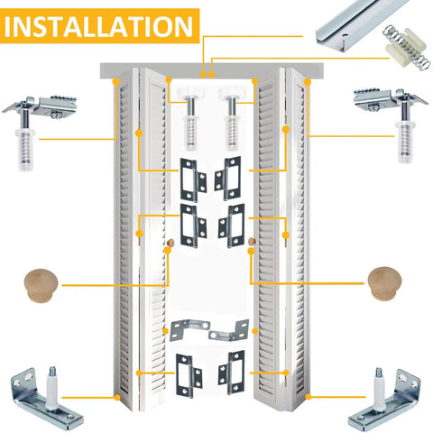 Complete Bifold Door Hardware Kit with steel track, brackets, pivots, guide wheels, and wooden handles installation diagram