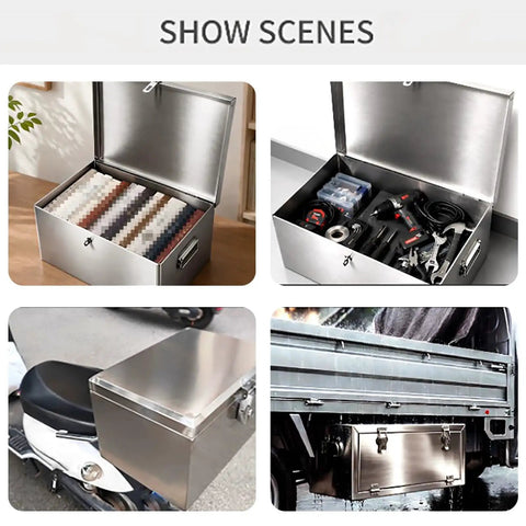 Portable Stainless Steel Tool Box With Heavy Duty Side Handles And Locking Lid And Hella Sturdy Metal Storage Organizer Built Like A Tank For Home Garage Workshop And Yard Projects filled with tools on a table.