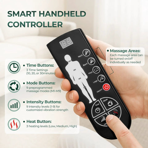 Hand holding smart controller for Ultimate Full Body Massage Mat With Heat And Detachable Neck Massager, showing buttons and settings