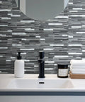 Bathroom with Peel And Stick Backsplash Tile Set With Black And Grey Wood Grain Look PVC Mixed Metal Finish, 10 Sheets Covering About 9.26 Sq Ft, Strong 3M Adhesive Backing, No Glue Needed, Easy DIY Kitchen Remodel.